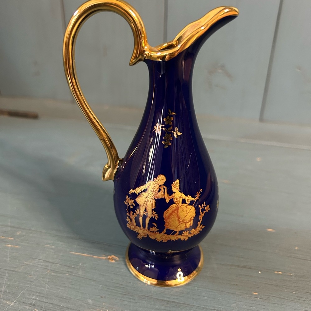 Vintage Limoges Blue and 22K Gold Decorative Pitcher - Miniature